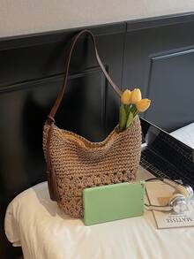 女士夏季草编包，新款时尚大容量编织单肩包，沙滩度假风通勤手提包，带吊坠 - 卡其色 - 查看 2