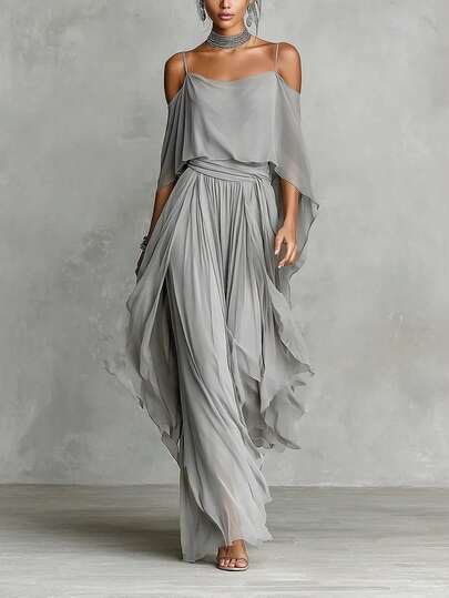 Conjunto de mujer estilo europeo, top de gasa gris con hombros descubiertos y pantalones palazzo irregulares, moda