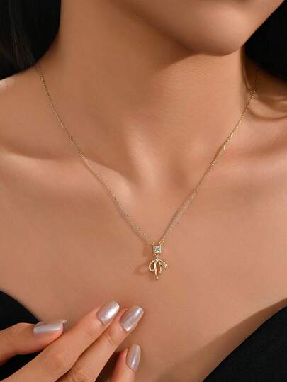1pc S925 Sterling Silver Ribbon Bow Tie Necklace, Minimalist Design Delicate Choker Necklace, Versatile For Work And Dating