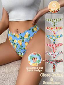 SQPVEH 6条/包 女士水果印花镂空爱心设计舒适性感低腰丁字裤 - 彩色 - 查看 4