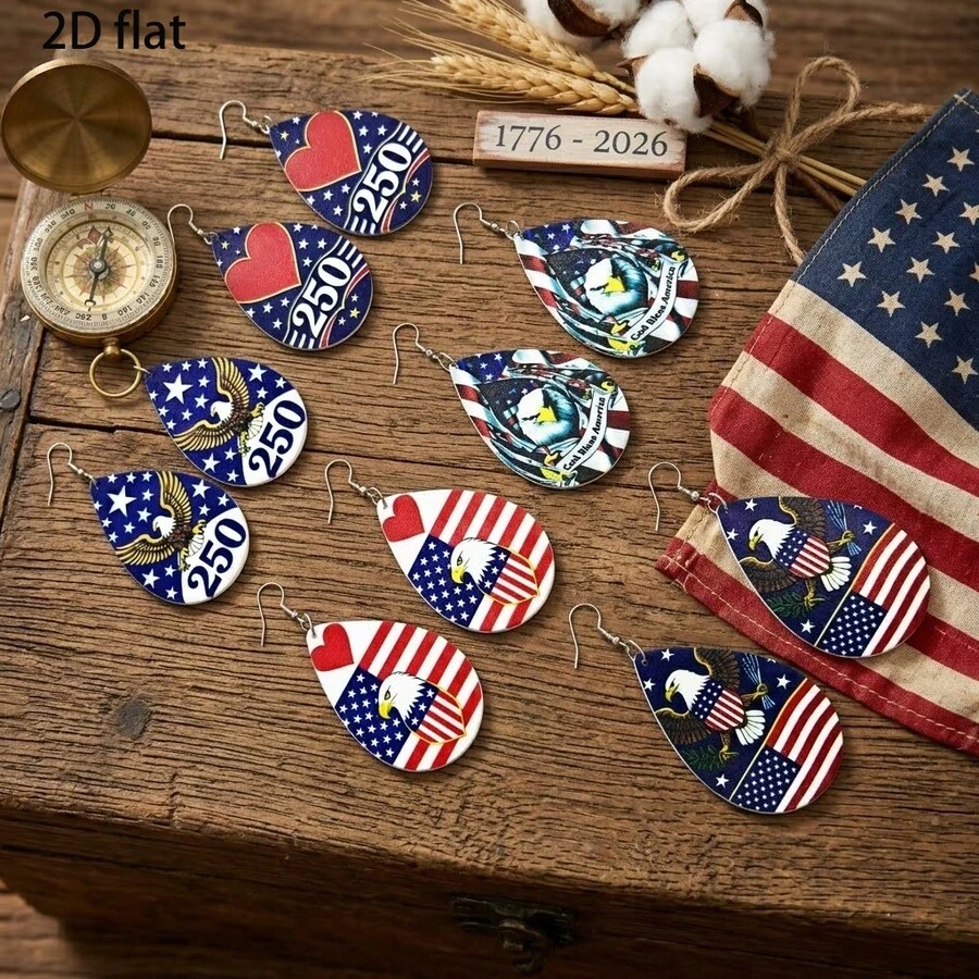 5 Pairs/Set, Women's Fashion Dangle Earrings, 250th Anniversary Of US Independence Eagle & Flag UV Printing, Low Allergy & Fade Resistant, Thick Acrylic Material, White K-Plated Iron Earring Hooks, Retro European And American Style, Suitable For Parties, Holidays, Independence Day - Multicolor - View 1
