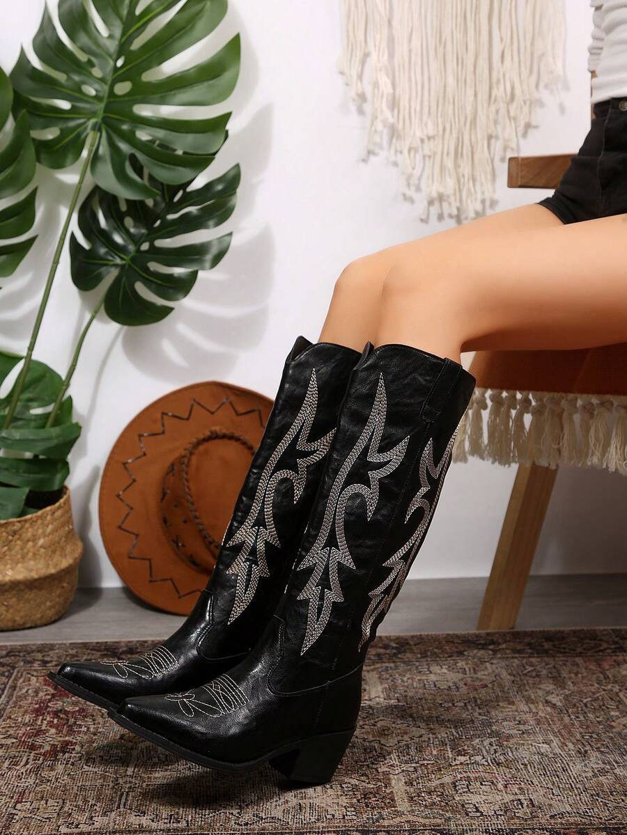 2026 New Brown Embroidered Western Cowgirl Boots, Travel Desert Riding Boots - Black - View 1