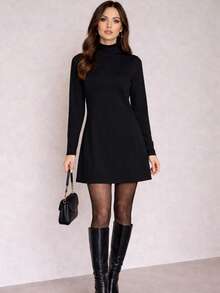 Premium Suedine Short Dress With High Ribbed Neck And Long Sleeves, Simple Fitted A-Line Style, Solid Color, Elegant, Autumn/Winter Fashion. - màu đen - Xem 7