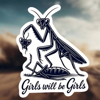 1张3英寸可移除防水户外PVC耐用乙烯基贴纸，趣味螳螂图案，“女孩就是女孩”黑色幽默梗图，病毒式传播，Z世代俏皮昆虫语录，可爱卡通美学，完美适用于笔记本电脑、手机、水瓶、滑板、头盔、日记本、汽车保险杠、笔记本、宿舍装饰、旅行箱包，是送给13-30岁青少年、女孩、男孩、梗图爱好者和爱搞怪女王的理想礼物。创意装饰贴纸，防水乙烯基材质，适用于任何光滑表面。