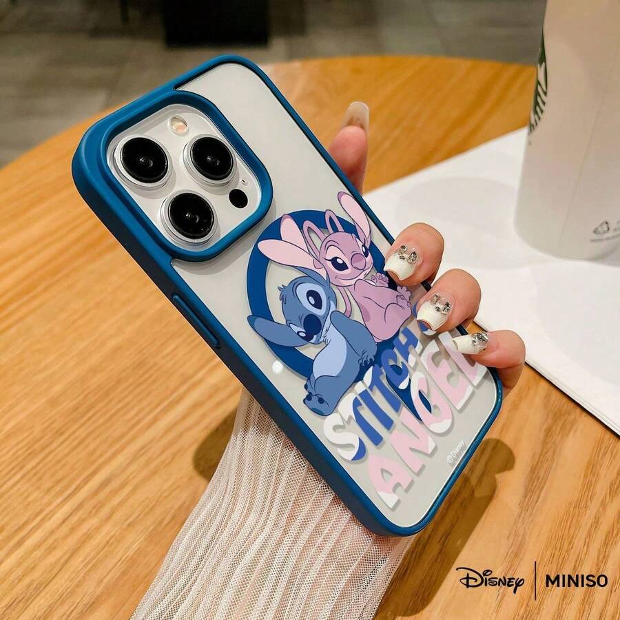 MINISO Disney Stitch & Angel Couple Transparent Magnetic Phone Case, Cute Pair Cover For IPhone 17/17 Pro/17 Pro Max/17 Air/16/15/14/13/12/11/X Series Iphone 17 Pro Max Case Iphone 17 Pro Case Iphone 17 Case Stocking Stuffers The Girlfriend - Blue - View 1