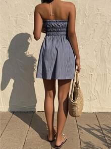 Blue Striped Ruffle Hem Tube Dress - Mini Beach Vacation Dress With Front Tie Elegant Black Summer - Black - View 3