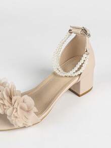 女士珍珠花朵装饰蕾丝坡跟凉鞋，甜美风格，缎面圆头低帮蕾丝珍珠链粗跟凉鞋，夏季 - 杏色 - 查看 8