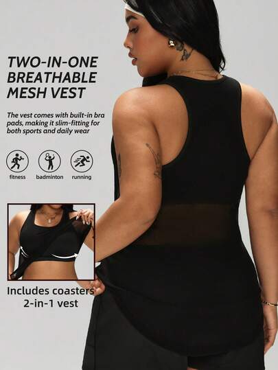 Áo tank top nữ cỡ lớn, có đệm ngực tích hợp, chất liệu lưới thoáng khí, nhanh khô, kiểu dáng casual không tay, thích hợp cho mùa xuân/hè, tập yoga, thể thao và hoạt động ngoài trời.