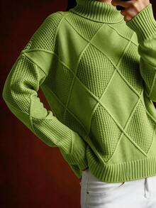 Plus Size Solid Color Turtleneck Long Sleeve Sweater, Autumn/Winter - Green - View 3
