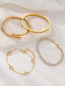 4pcs 18K Gold Plated Luxury Stainless Steel Four-Leaf Clover Fully Paved Crystal Bracelet Set, Suitable For Women's Birthday, Party, Wedding, And Special Occasions - Style 4 - View 7