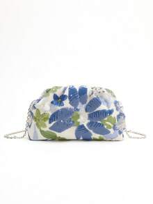 1pc Colorful PVC Sequin Floral Pattern Linen Base Mesh Embroidered Ruffle Cloud Clutch Bag, Shiny Elegant Evening Bag For Casual, Holiday, Party Use (Floral Sequin Pattern Randomly Sent) - Blue - View 7
