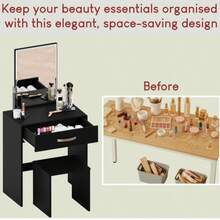 Dressing Table With Mirror And Stool, Dressing Table With 1 Drawer Storage And Built-In-Mirror Vanity Desk Easy Assembly Cosmetics Makeup Storage Organizer Bedroom Furniture - Black - View 10