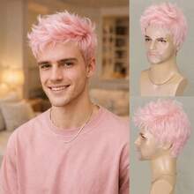 6 Inch Pink Short Spiky Fluffy Men's Wig, Heat Resistant Synthetic Fiber Material, Natural Layered Style Suitable For Cosplay, Halloween Party, Daily Wear - Multicolor - View 11