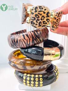 1 pieza Brazalete de estilo barroco retro con incrustaciones de rhinestone exagerado, brazalete de textura de madera abierto con decoración de remaches de estrella de varios elementos - Multicolor C - Ver 2