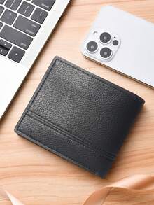 HOVI'S 1pc Men's Short Bifold Wallet, Business Minimalist Style, Multiple Card Slots & Zipper Coin Pouch, Compact PU Leather Card Case, Suitable For Daily Use & Business Commute - Black - View 7