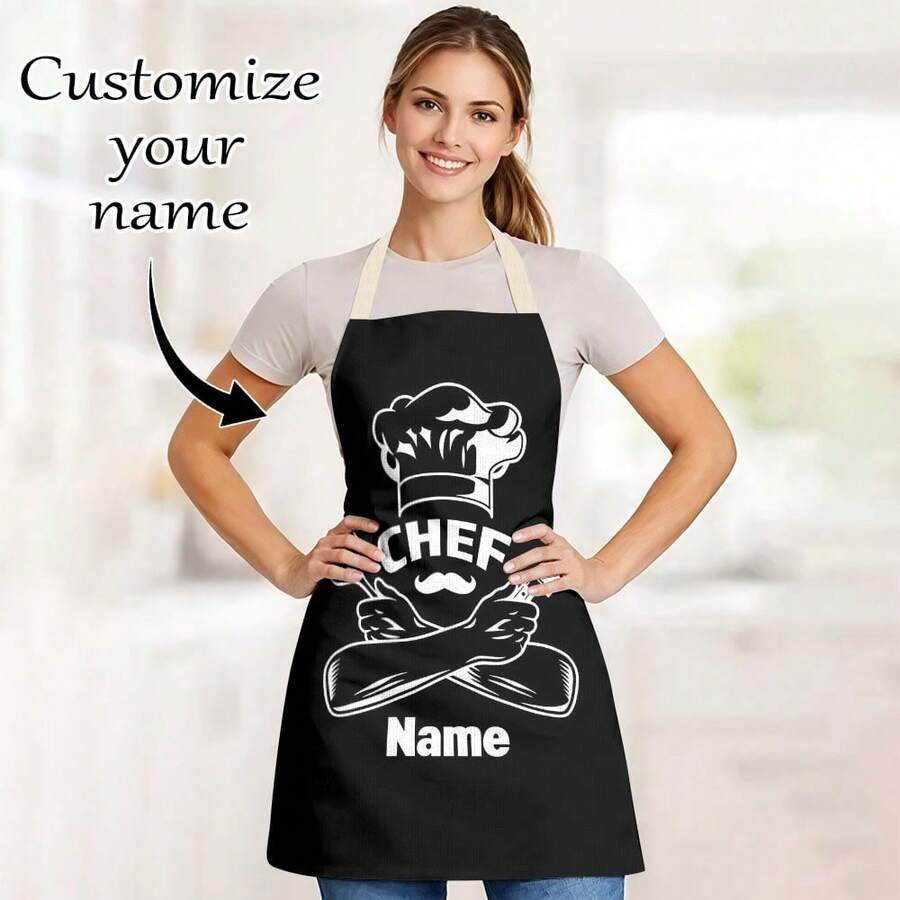 1pc Customizable Linen Kitchen Apron - Personalized Design, Photo Or Text - Durable Woven Polyester Cooking Apron - Multicolor - View 1
