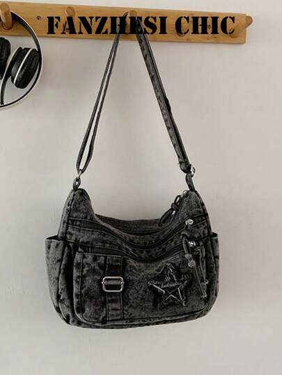 New Arrival Denim Shoulder Bag, Women Casual Crossbody Messenger Bag, Fabric Soft Underarm Handbag, Star Embroidery Decor Multi Pocket Design,Perfect For Daily Commute, Office Work, Shopping & City Walking, Ideal For Office Ladies, Working Girls, College Students, Teachers & Young Fashion Enthusiasts
