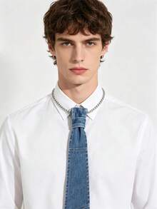 1件男女通用时尚朋克风蓝色链条牛仔布波洛领带，适合休闲派对装扮 - 彩色 - 查看 1