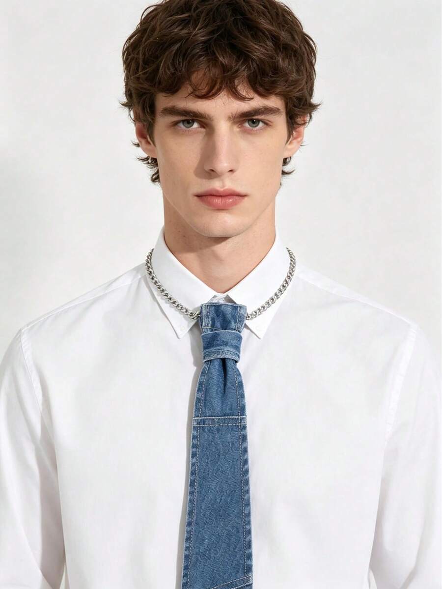 1件男女通用时尚朋克风蓝色链条牛仔布波洛领带，适合休闲派对装扮 - 彩色 - 查看 1