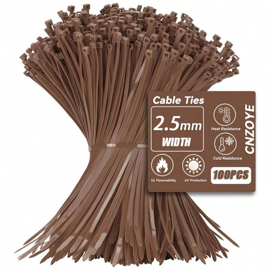 100 piezas de bridas de nailon autobloqueantes de 100 mm x 2,5 mm, de color marrón, correas de sujeción flexibles desechables - 100 marrones - Ver 1