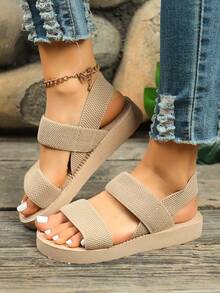 Sandálias pretas casuais e estilosas para o verão, com bico aberto, modelo slip-on. Sandálias cáqui minimalistas com tira elástica para praia. - Caqui - Ver 5