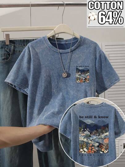 纯棉加大码女式酸洗短袖T恤，适合日常穿着，时尚圆领上衣，饰有风景画印花，是夏季女性的理想之选。