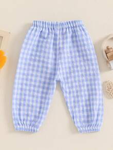 Pantalones largos a cuadros para niños y niñas pequeños con cintura elástica, adorables y casuales. - Azul - Ver 7