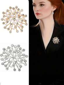 New Pearl & Rhinestone Snowflake Brooch, Luxury Elegant Brooch Pin For Women - Gold - View 1