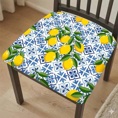 2/4/6 Stück Set, Heimdekoration, Blau und Weiß Porzellan Zitronen Muster Stretch Sitzkissen Bezüge, Stuhlbezüge, geeignet für tägliche Heimdekoration, Wohnzimmer, Esszimmer oder Garten, Hotel Restaurant Feiertage und Veranstaltungen, waschbares Polyestermaterial, Essstuhl Sitzkissen Bezüge, Stuhlsitzschoner