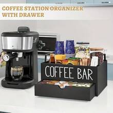 1/2 Estante de almacenamiento para estación de café, caja de almacenamiento de accesorios de barra de café de madera con cajones, caja de almacenamiento de cápsulas de café estilo granja con asa, adecuado para estante de almacenamiento de oficina en el hogar y mostrador de barra de café - Multicolor - Ver 2
