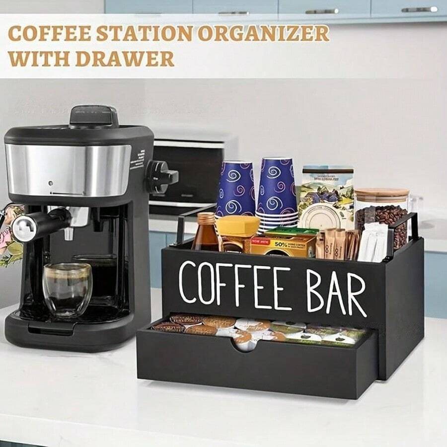 1/2 Estante de almacenamiento para estación de café, caja de almacenamiento de accesorios de barra de café de madera con cajones, caja de almacenamiento de cápsulas de café estilo granja con asa, adecuado para estante de almacenamiento de oficina en el hogar y mostrador de barra de café