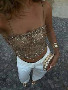 Sexy Fashion Sequin Criss-Cross Hollow Out Knit Camisole, Suitable For Beach & Holiday - Khaki - View 1