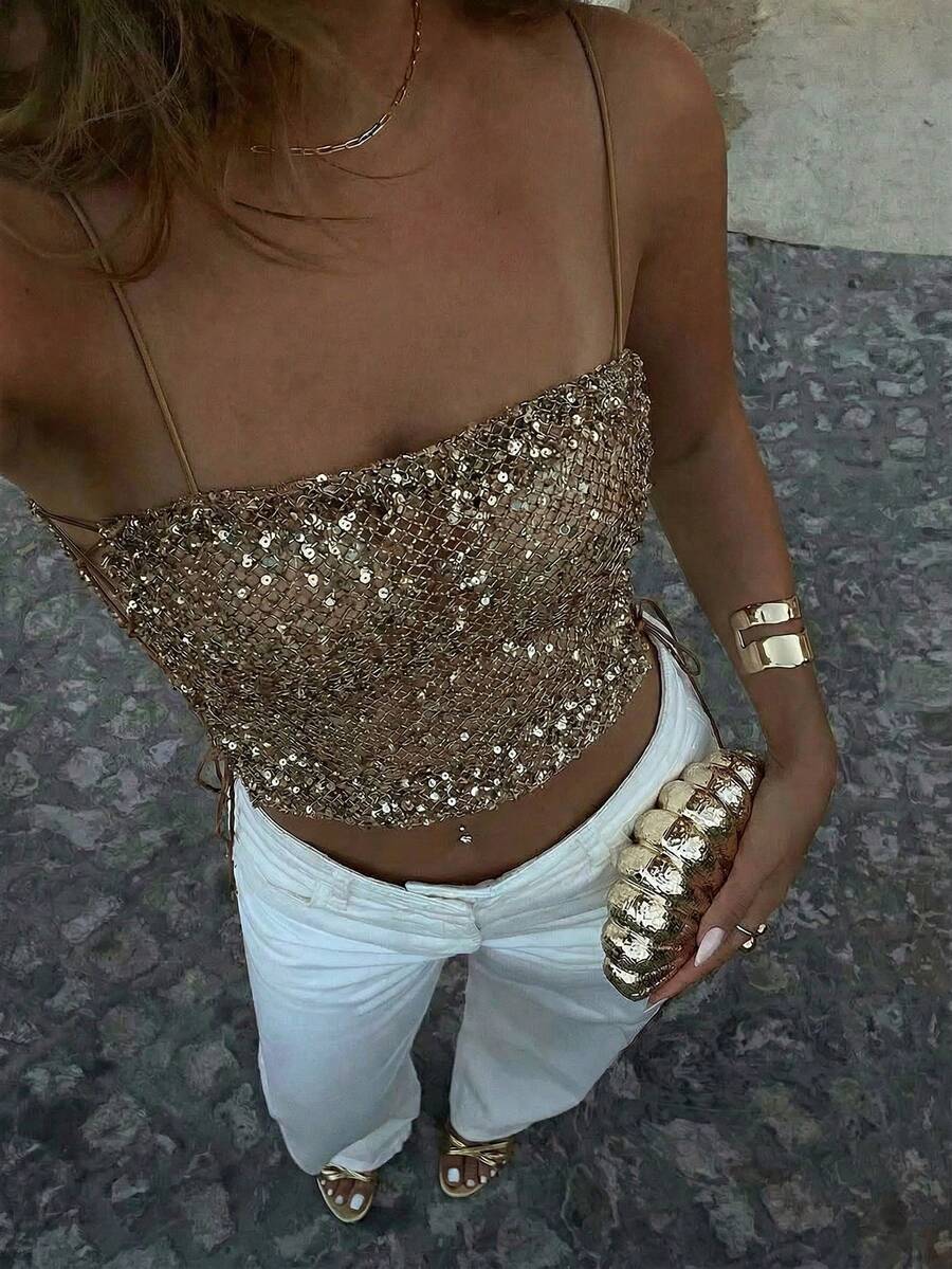 Sexy Fashion Sequin Criss-Cross Hollow Out Knit Camisole, Suitable For Beach & Holiday - Khaki - View 1