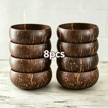 8件套天然抛光椰壳碗配木勺，手工椰壳碗，沙拉碗，奶昔碗，餐具礼盒套装 - 黑色 - 查看 10