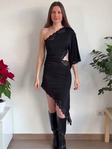 性感蕾丝拼接连衣裙，夏季女士腰部镂空不对称下摆连衣裙，时尚优雅派对晚礼服，黑色 - 黑色 - 查看 4