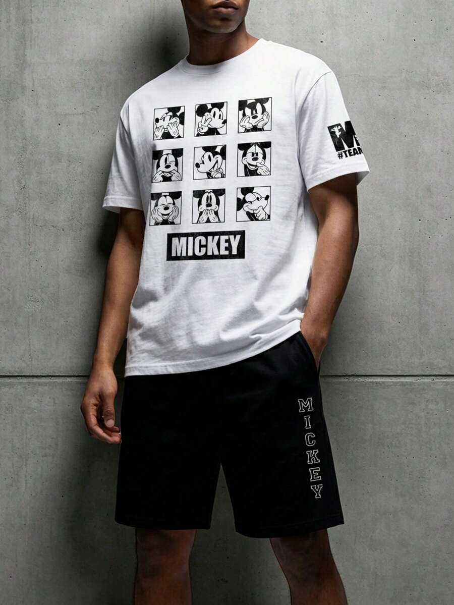 Disney 米奇黑白九片式图案T恤+黑色侧边字母印花短裤两件套：男女皆宜的舒适美式街头风休闲套装，粉丝的绝佳礼物 - 黑與白 - 查看 1