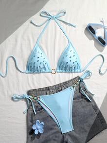 Solid Color Elegant Cute Tie Rhinestone Decor Swimwear Set, Vacation Beach Summer - Baby Blue - View 5