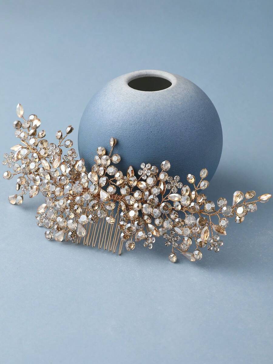 1件香槟金水晶发梳，优雅新娘头饰，适合婚礼、舞会、派对，奢华水钻发饰，女士夏季沙滩风情。 - 金色 - 查看 1