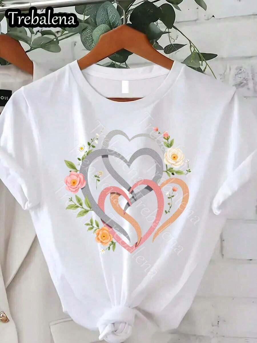 Camiseta de manga corta con estampado floral de corazones para mujer de Trebalena - Blusa casual de manga corta y cuello redondo con patrones florales aleatorios, cómoda para uso diario en verano, primavera y otoño, lavable a máquina, para eventos semi-formales y atuendos casuales. - Blanco - Ver 1