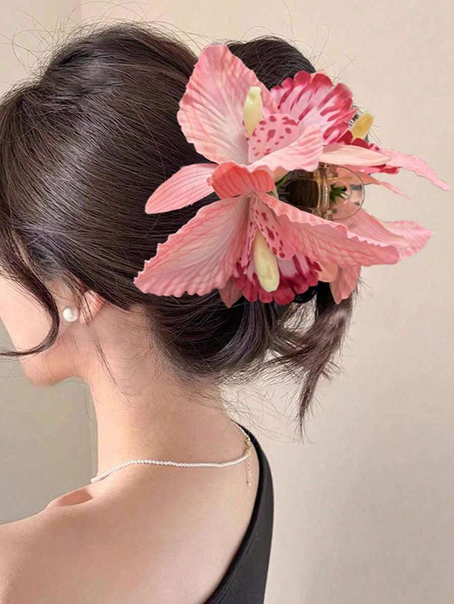 1件大號仙女風紋理3D蘭花髮抓夾,後腦勺髮髻髮夾,適合夏季海灘出遊 - 彩色 - 查看 1