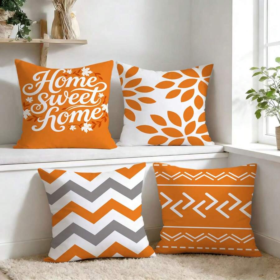 4pcs/Set Orange Geometric Pattern Throw Pillow Covers, Modern Decorative Cushion Covers (Inserts Not Included), Suitable For Sofa, Couch, Patio, Balcony, Living Room, Bedroom Home Decor, Housewarming Gift - F - View 1