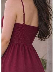 Long Dress In Viscose Linen, Plain, With Thin Straps, Buttons Down The Front, Padded Cups And Lining. Elasticated Back. - Burgundy - View 4