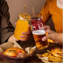 24件套竹盖玻璃杯，配玻璃吸管和吸管刷 - 高硼硅耐热玻璃杯，17盎司大容量冰咖啡/苏打水杯套装，可爱玻璃杯，适合日常通勤/居家饮用/办公室下午茶/学生课堂/户外露营/咖啡店冷饮/冰沙/珍珠奶茶/苏打威士忌/水/鸡尾酒，女士礼物等。 - 無色 - 查看 5