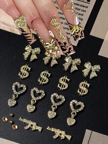 美甲飾品 金色金屬合金槍心美金蝴蝶結設計 水鑽鋼珠 Y2K 美甲藝術配件 美甲用品 - 彩色 - 查看 2