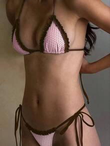 Women's Bikini Swimsuit, Cute Bohemian Style Plaid Print With Built-In Bra, Suitable For Vacation, Beach, Pool And Casual Wear, Ideal For Autumn/Winter Holidays, Valentine's Day, Christmas, New Year Parties, And 2026 Spring/Summer Beach Attire - màu nâu hồng - Xem 9