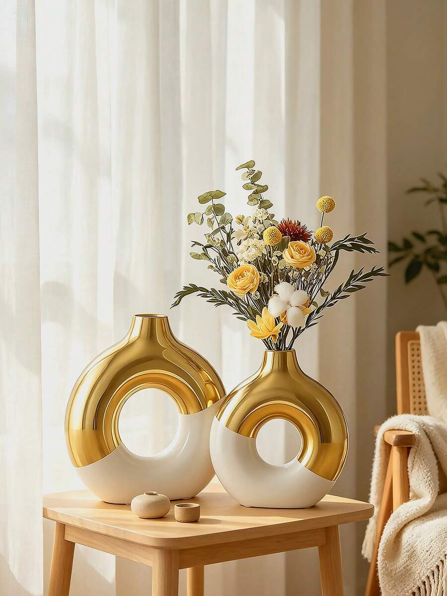 5.5"L X 5.5"H 白色與金色圓形陶瓷甜甜圈花瓶，適合裝飾芒草，北歐現代風格花瓶，適用於婚禮、臥室、客廳、咖啡桌、辦公室裝飾