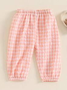 Pantalones largos a cuadros para niños y niñas pequeños con cintura elástica, adorables y casuales. - Naranja - Ver 3