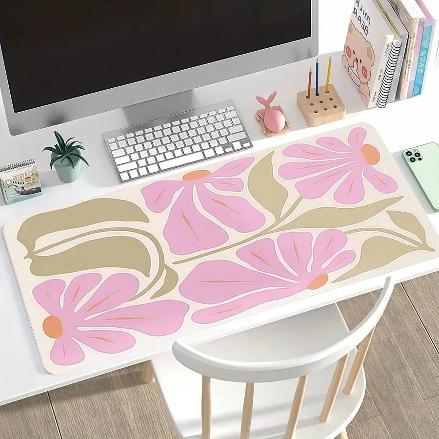 1pc Extra Large Floral Mouse Pad - Elegant Pink And Beige Floral Design, XXL Rubber Desktop Mat, Stitched Edges, Suitable For Women, Artists And Gamers, Extended Gaming And Office Decor, Mouse Pad Accessory | Decorative Mouse Pad | Smooth Surface Pad, Large Mouse Pad Office Desk Accessories Desk Accessories Office Supplies Office Accessories Desk Mat Mousepad Study Table Mouse Pad For Desk Desk Decor - Elegant Pink and Beige Floral Design - View 1
