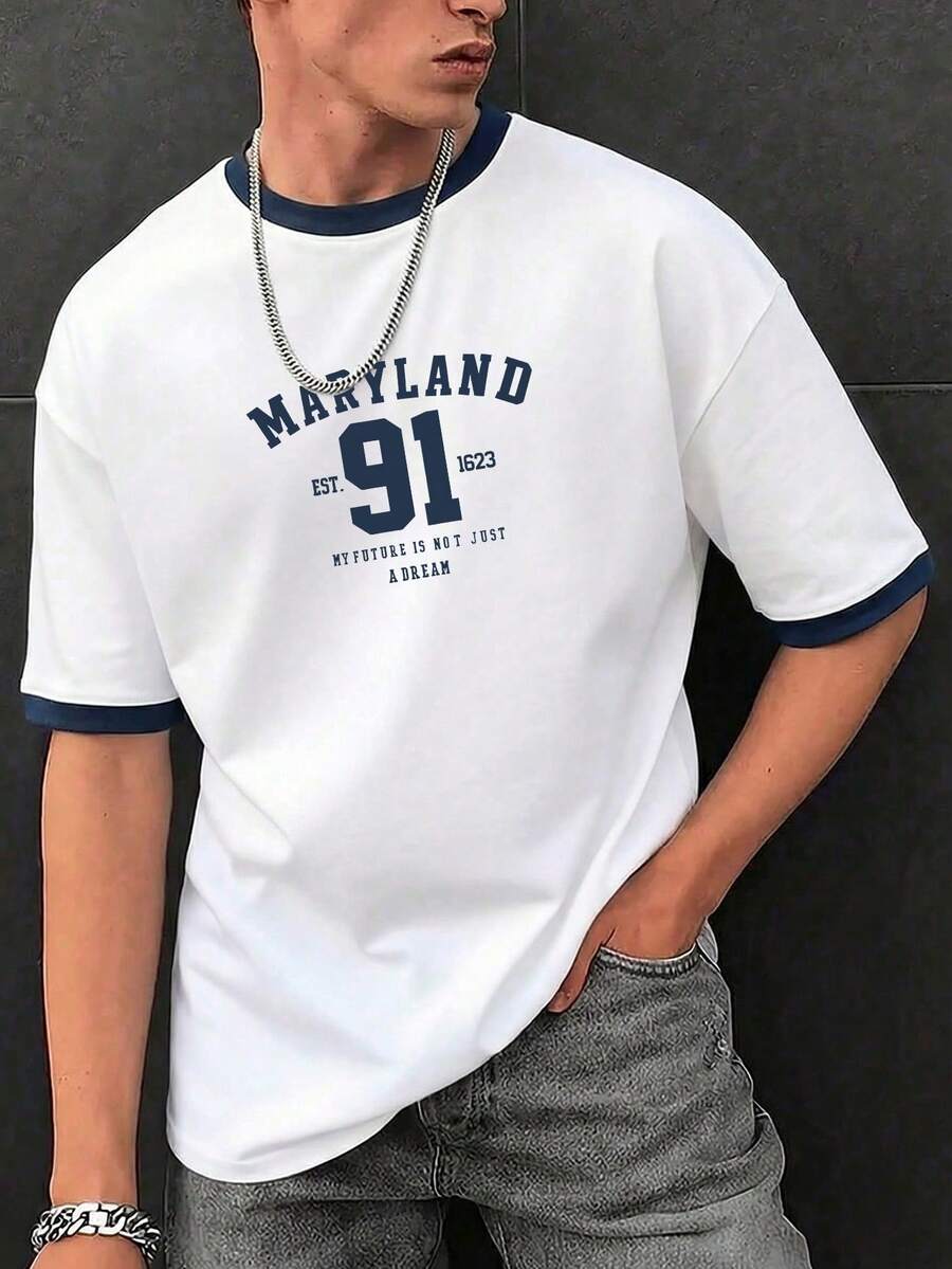 Simple Studio | 新款男士撞色领休闲印花短袖T恤 | 舒适透气 | 时尚 - 白色 - 查看 1