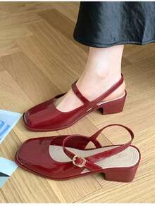 Women's Mary Jane Low Chunky Heels Slingback Closed Square Toe Dress Shoes Elegant Wedding Party Work Office Pumps Shoes - Đỏ - Xem 1